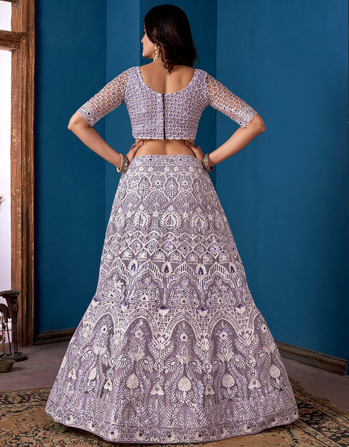 Traditional Function Wear Net Lehenga Choli Lavender Net Lehenga Choli Back View
